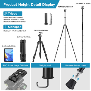 Đa chức năng nhiệm vụ nặng nề nhôm DSLR máy ảnh <span class=keywords><strong>Tripod</strong></span> đứng có thể điều chỉnh chiều cao có thể thu vào Monopod - Product Image 2