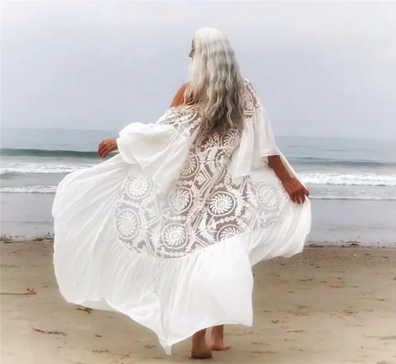 2022 Crochet White Knitted Beach Cover up dress Tunic Long Pareos Girl Bikinis Cover ups Lace See through Robe Plage Beachwear