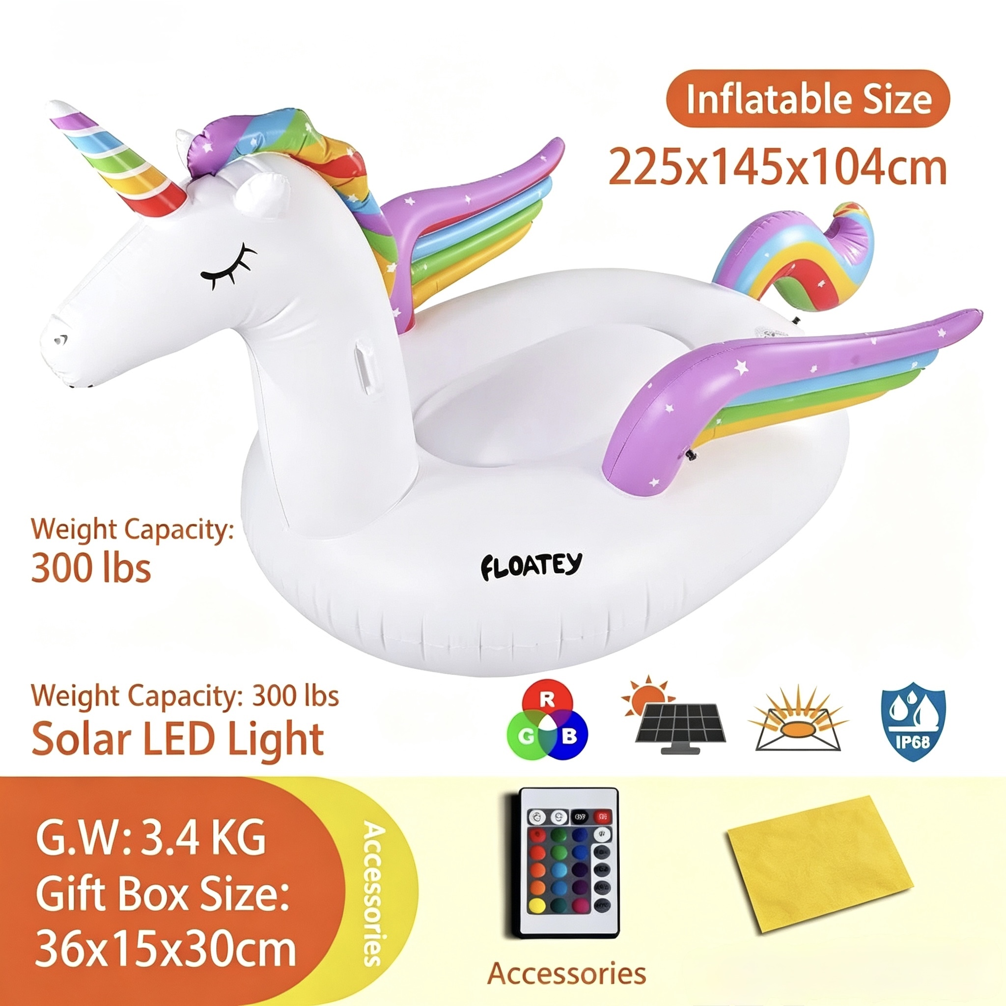 Flotador gigante para piscina con sensor de luz blanca LED (sin bomba)