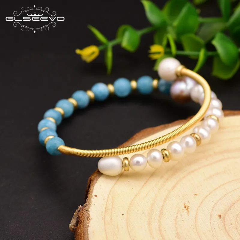 Pulsera de Aguamarina con perlas naturales de agua dulce para mujer, brazalete hecho a mano, joyería de boda