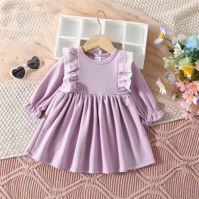 1 Pcs Custom Tag Natal com nervuras Algodão Primavera Outono Infantil Recém-nascido Criança Roupas Ruffle Mangas Bebê Meninas Vestido Ruffled