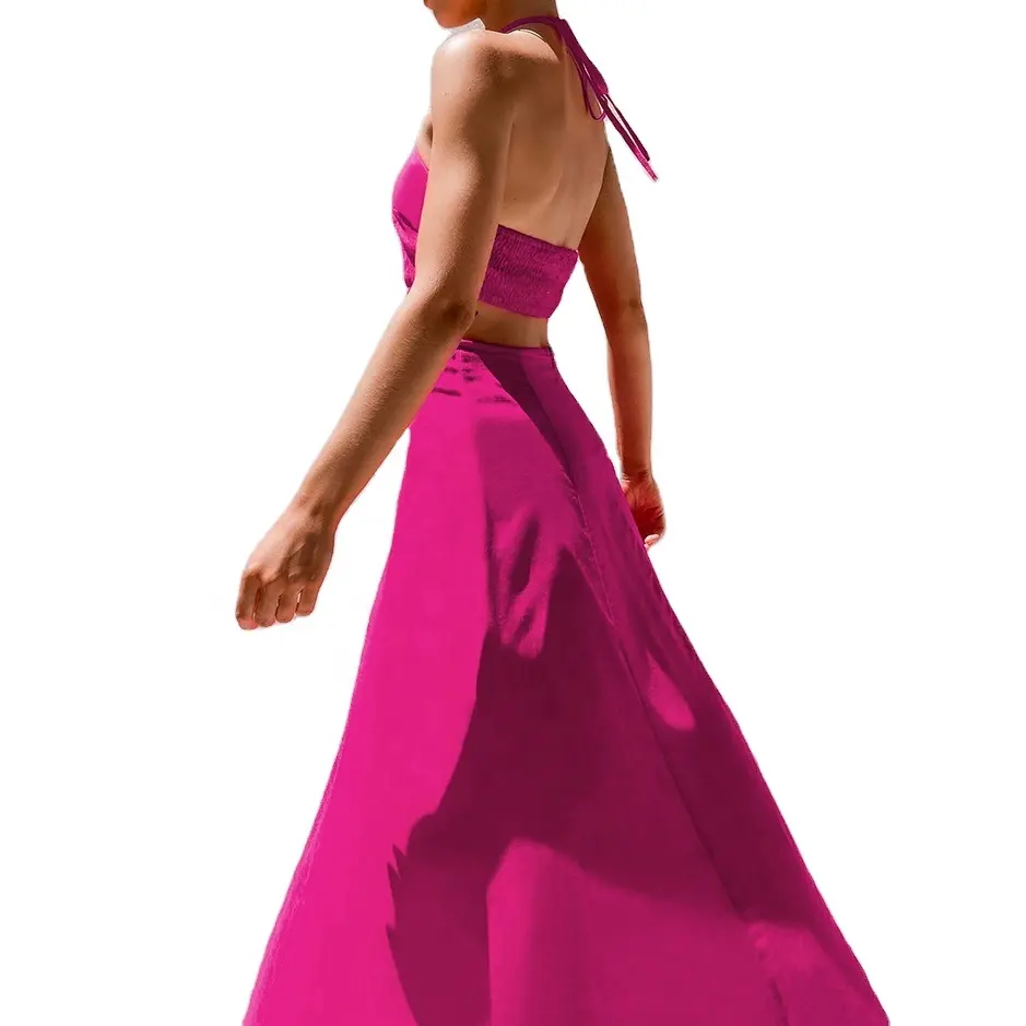 Fabricantes de roupas personalizado mulheres casual vestido sem mangas rosa quente da cabeçada backless uma linha vestido midi