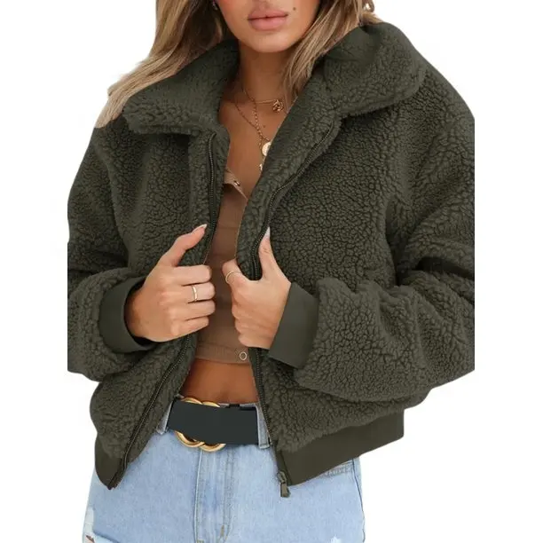 New Design Winter Women's Lamb Wool Jacket Leopard Print Long Sleeve Lapel Coat Loose-fitting Womens Crop Jacket