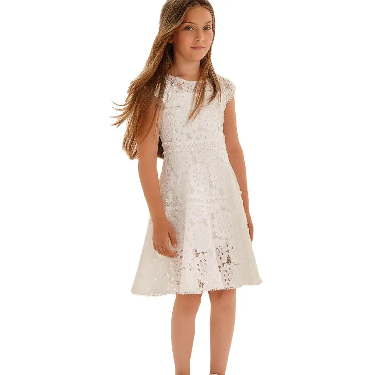 OEM-Vestidos de Fiesta de algodón de manga corta para niñas, traje de encaje floral de alta gama, color blanco, longitud hasta la rodilla, cintura alta, para verano, 2021