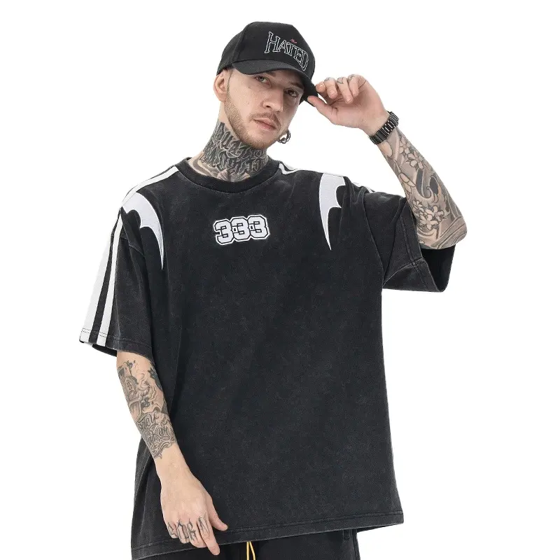 Camiseta hip hop masculina de algodão liso personalizada, camiseta universal de tela de seda para homens e mulheres, retrô de grandes dimensões, lavagem com ácido