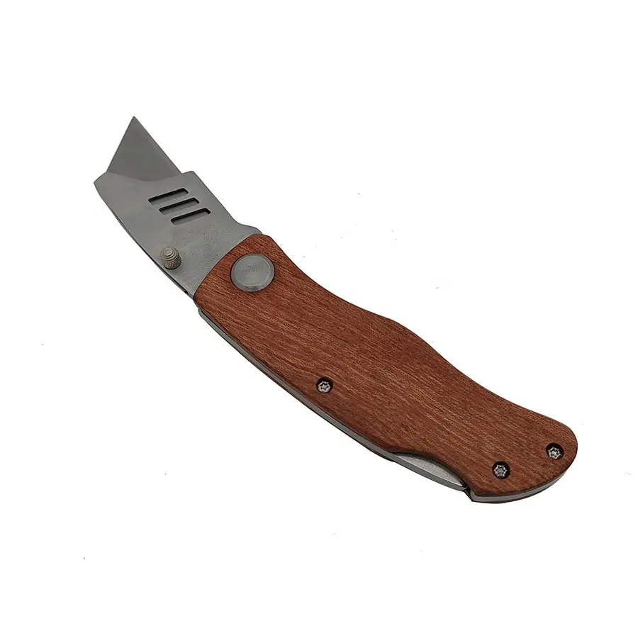 Yüksek kalite toptan özel Logo ile kazınmış ahşap saplı katlanır maket bıçağı bıçakları kutusu kesici cep bıçakları