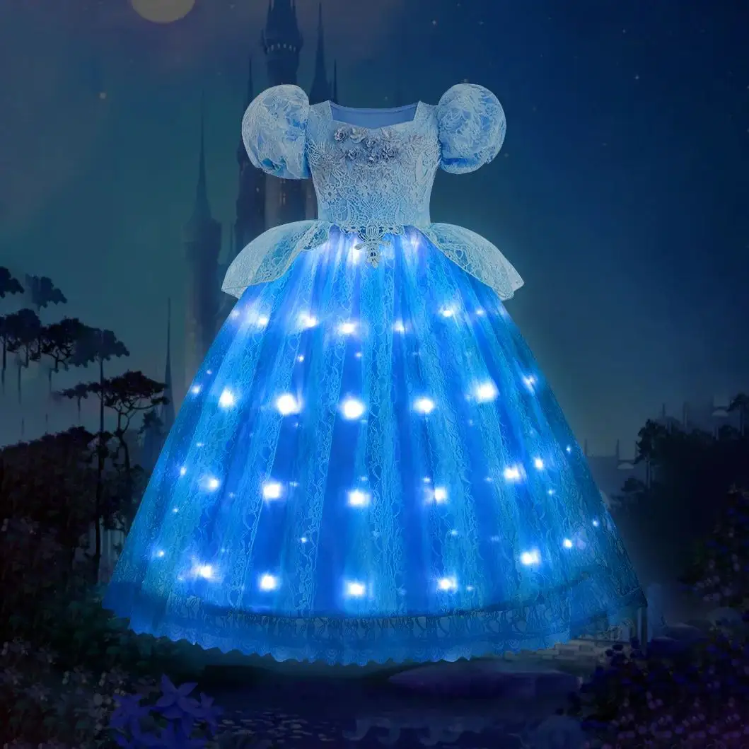 Gadis putri Cinderella gaun LED untuk Halloween Natal renda gaun pesta anak perempuan kostum karnaval Cosplay pakaian anak-anak