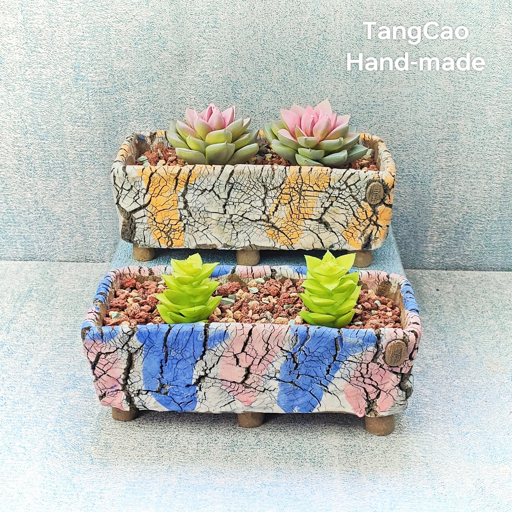TangCao, cerámica Manual creativa, 7 pulgadas, rectangular, colorido, estilo chino, patrón de ráfaga, maceta de cerámica, macetas de jardín para bonsái