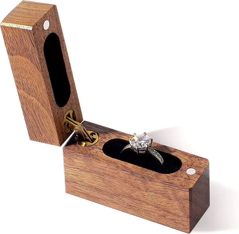 Caja de anillo de compromiso de madera, caja pequeña de anillo plano delgado para propuesta de boda