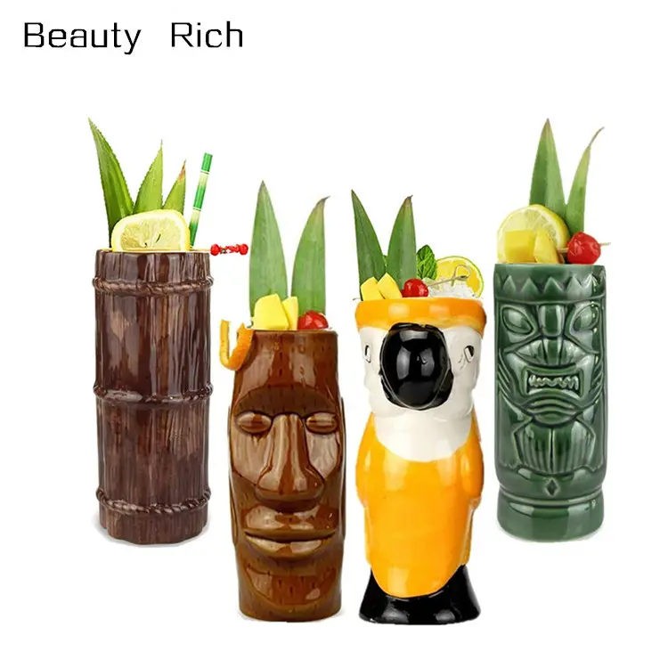 티키 머그컵 칵테일 세트 4 세라믹 하와이 파티 머그잔 Drinkware, 귀여운 이국적인 칵테일 안경, 티키 바 전문