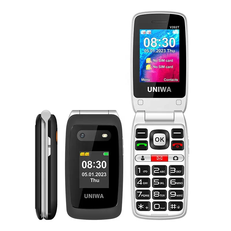 UNIWA V202T Dual Screen Senior Flip Phone SOS Botón DE EMERGENCIA Teclas grandes 4G Teléfono tonto con base de carga