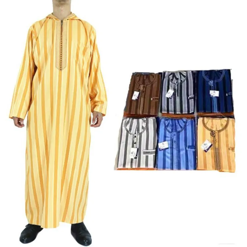 Abaya Man Muslim Fashion Arabic Men Clothes Jubba Thobe Kaftan Dress Stand Collar Gold Print Modest Islamic Clothing
