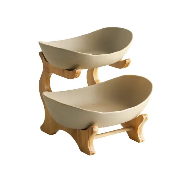 Bamboo Ceramic Drain Fruit Plate Tea Table Holder Stand 2 Tier Fruit Basket