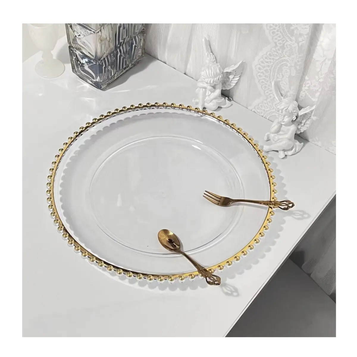Bulk 13 Inches Clear Wedding Gold Rim Plates Wholesale Silver Beaded Charger Plates Dinnerware Set For Wedding Decoration