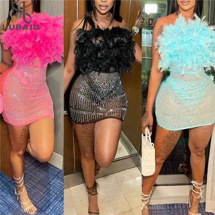 Abito corsetto da ballo con piume di strass trasparente a tracolla per festa di matrimonio serale in discoteca con Mini abiti Sexy