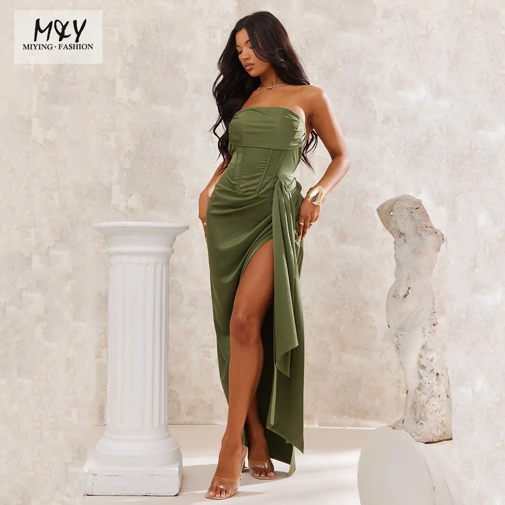 Moda Strapless Verde Plus Size Assimétrica Elegante Festa Formal Prom Dress Mulheres Alta Dividir Cetim Sexy Long Evening Dresses