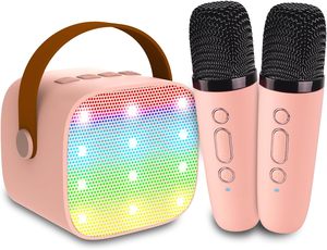 Mini máquina de karaoke portátil con luces LED RGB y 2 micrófonos inalámbricos para altavoz Bluetooth para fiestas y uso de computadora