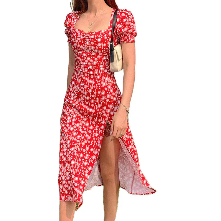 Abiti da donna in chiffon abito midi con spacco sottile abiti con colletto quadrato con stampa floreale