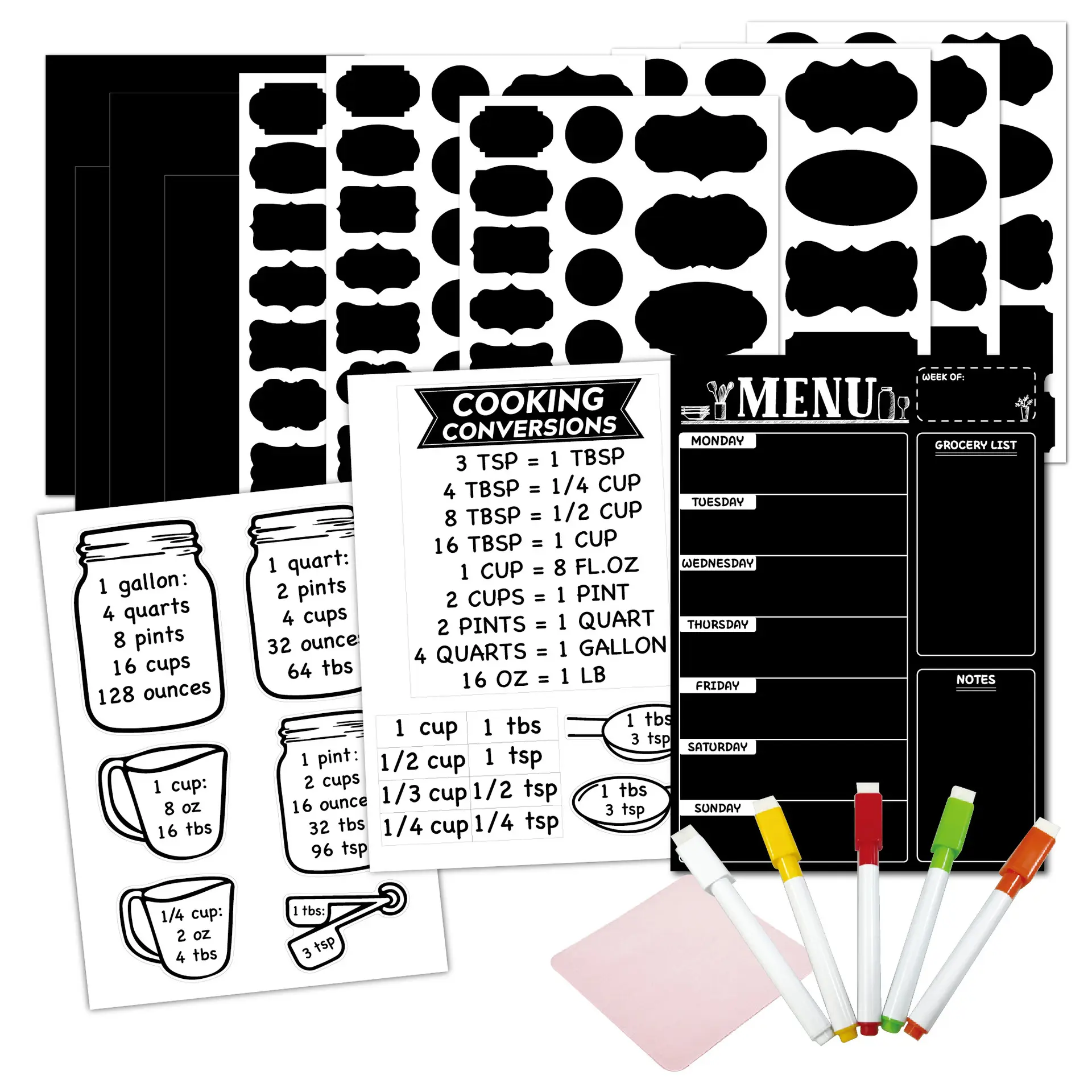 Tableau noir étanche réutilisable étiquettes autocollants formes avec marqueur de craie plan de repas hebdomadaire table de conversion des mesures de cuisine