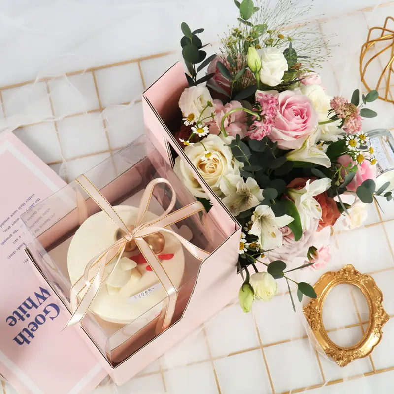 Flores portáteis caixas rosa embalagem com logotipo personalizado Handle Cake Box