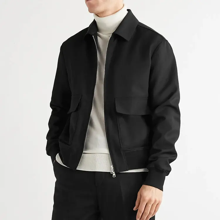OEM Custom Blank schwarz 50% Wolle 50% Polyester Wolle Twill Reiß verschluss Blouson Jacken für Männer