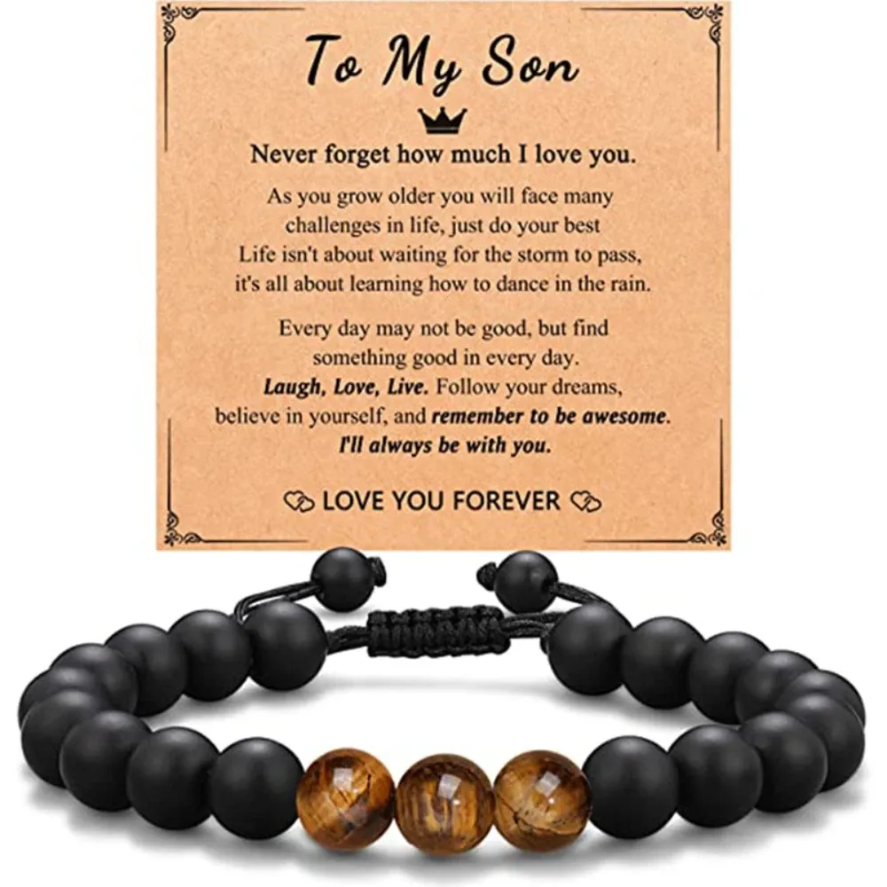 PARA O MEU FILHO BRACELET Preto Ágata Tiger Eye Pedra Pulseira com Cartão de Mensagem Jóias Presentes Para O Marido Namorado Irmão pulseira