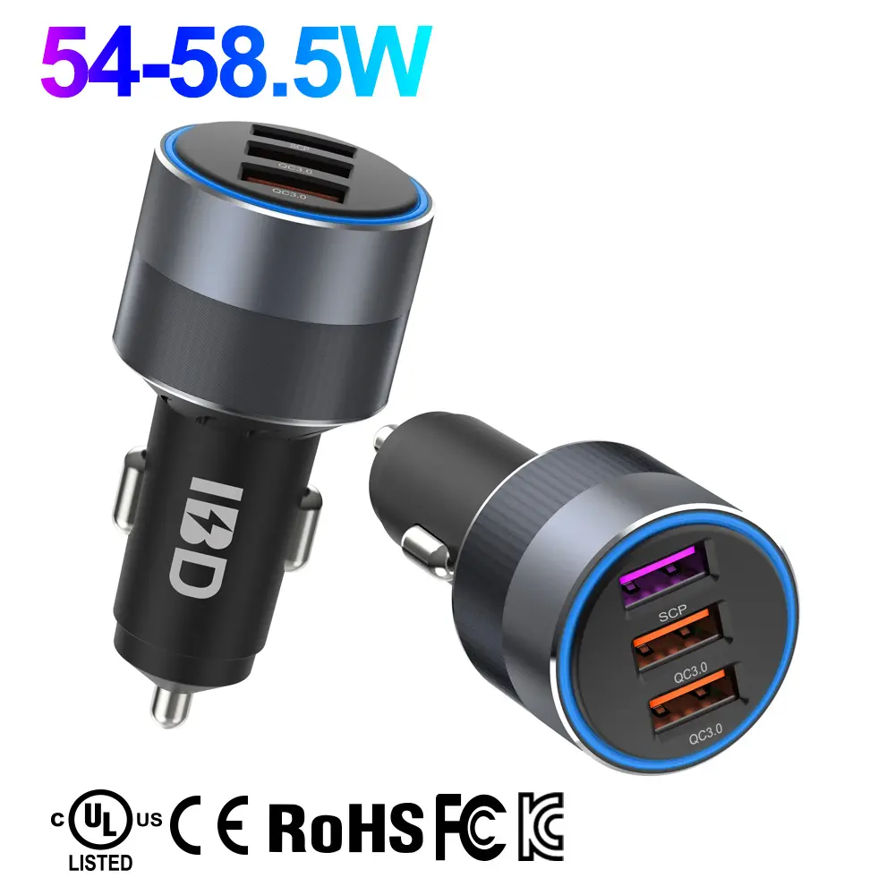 Travel Mini Metal Qc SCP Multi Port Fast Adapter Mobile Cell Phone 3usb Usb A 3 Ports 12v 24v Dc 54W 55W 57W 58W Led Car Charger