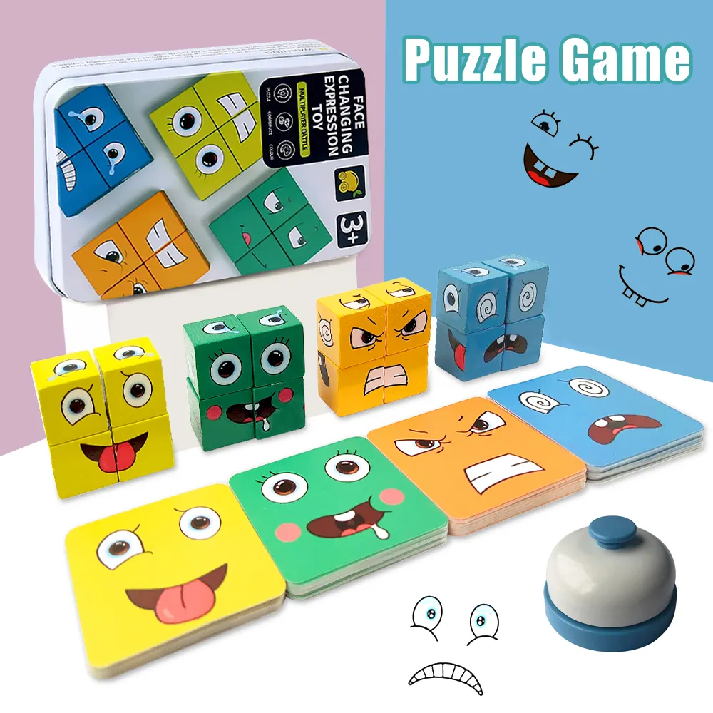 Hw Multiplayer Ouder-Kind Interactieve Bordspel Ijzeren Doos Houten 3d Gezicht Veranderende Emoticon Magic Kubus Desktop Speelgoed Voor Kinderen