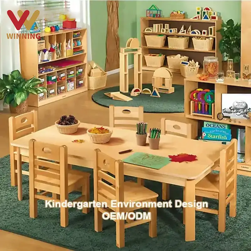 Móveis de jardim de infância pré-escolar, conjuntos de mesa e cadeiras para berçário, móveis montessori para creche, ganhador