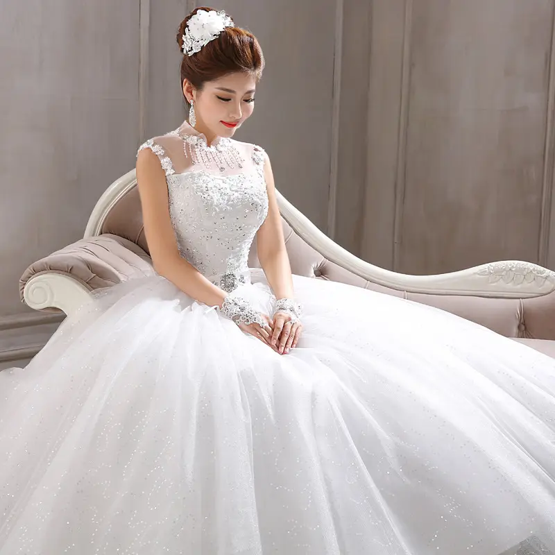 Gaun pengantin Korea, Z9197 baru gaun pengantin renda satu kata, bahu ukuran besar, panjang lantai