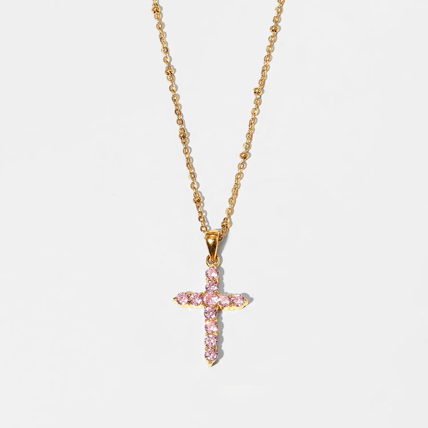 Винтажное позолоченное ожерелье 18K PVD с перекрестным цирконием, ожерелья с кулоном в виде креста из розового циркония