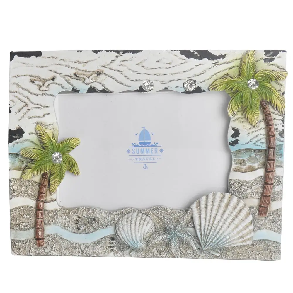 Wholesale rectangular ocean beach seashell and starfish scene tourist gift resin photo frame souvenir for home and kitchen decor