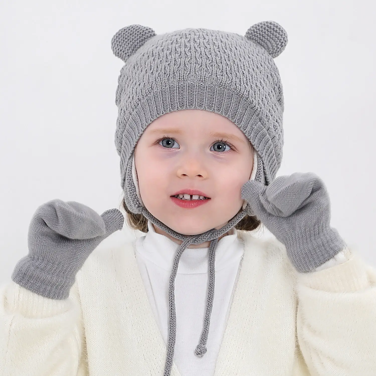 Conjunto de guantes con forro polar cálido para bebé, gorrito con solapa para la oreja para niño y niña