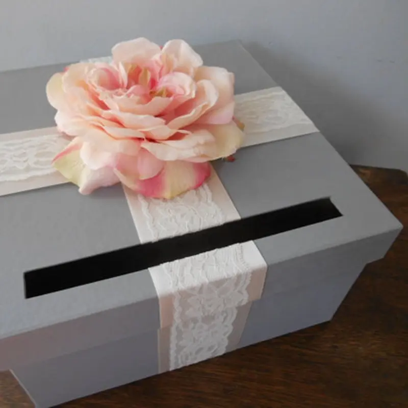Segure 70-90 Cartões De Caixas com fita de cetim e Do Laço Do Marfim Rosa Rosa Aberta pode personalizar as cores e flores caixa cinza do cartão do casamento