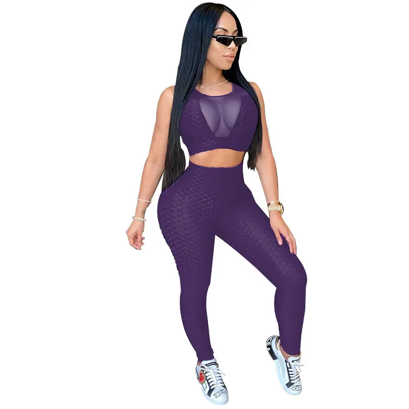 2024 otoño ropa de Yoga para mujer Jacquard 2 piezas conjuntos de Yoga de talla grande ajustado transparente malla Sexy sin mangas traje deportivo