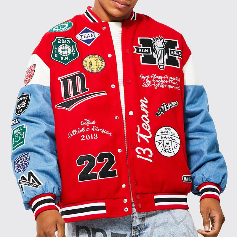 Oem Großhandel Custom Streetwear Stickerei Logo Red Baseball Letterman Varsity Bomber jacke für Männer