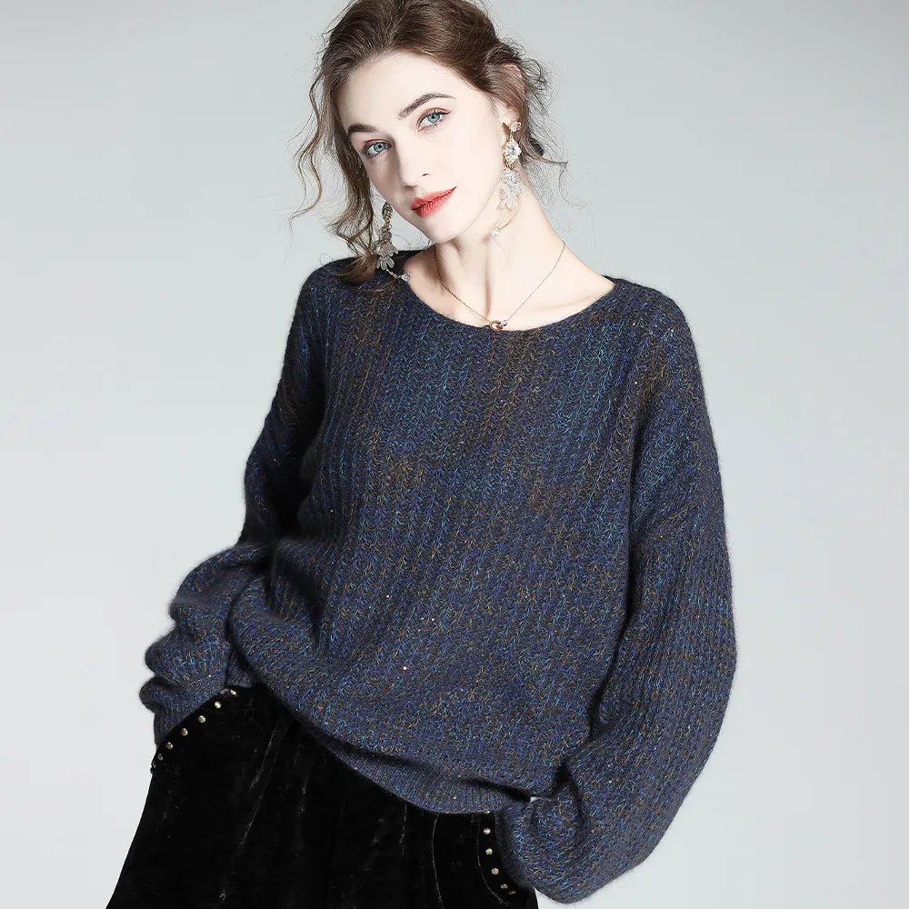 Suéter de lana de moda de otoño e invierno para mujer, suéteres de lana de Cachemira de manga larga para mujer, suéter de cuello redondo de lana gris para mujer