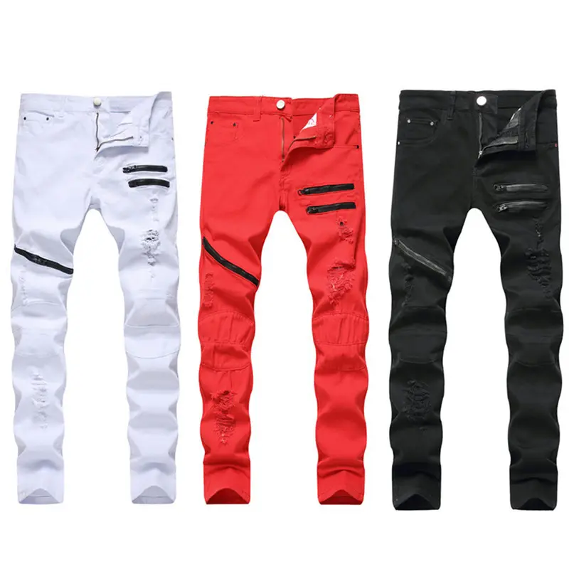 Jeans décontractés à fermeture éclair pour hommes jeans blanc rouge à trous déchirés homme jeans droits slim pour hommes