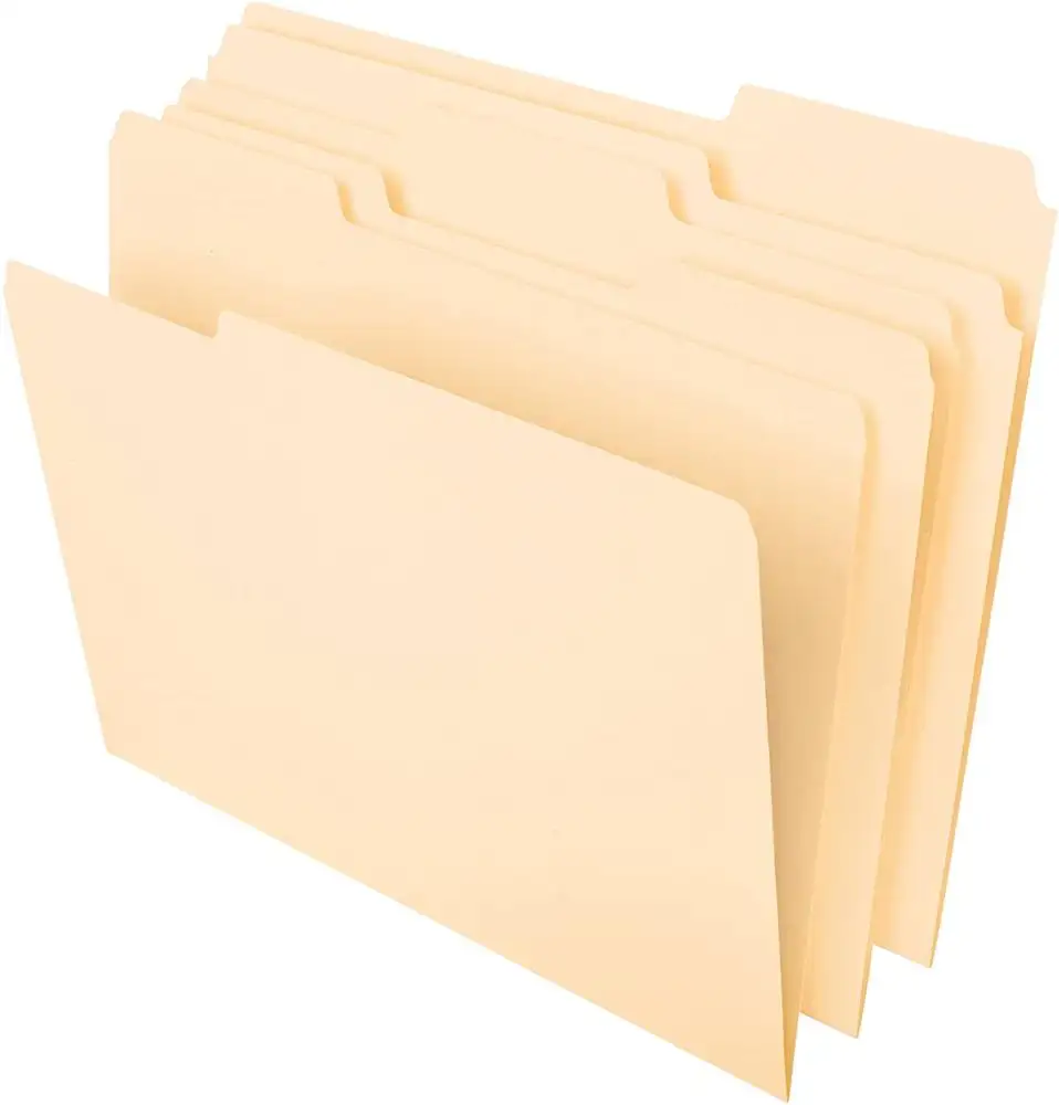 Folhas de ficheiros, tamanho de letras, 8-1/2 "x 11", manila clássico, 1/3-tabelas cortadas à esquerda, direita, posições no centro, 100 por caixa