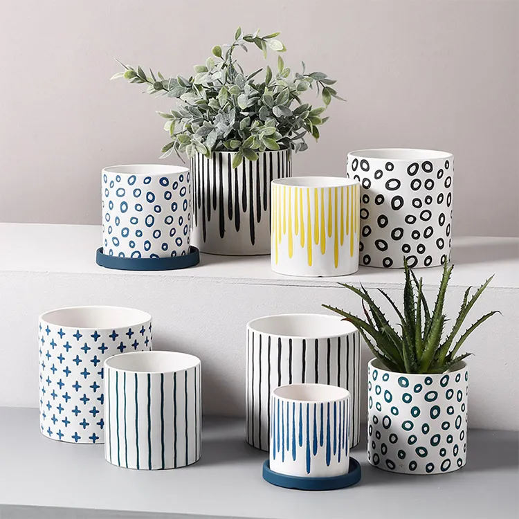 Arte geométrica nórdica vaso de flores, pote de flores artístico de cerâmica multicolorido, padrão simples, vaso de flores, sala de estar, varanda