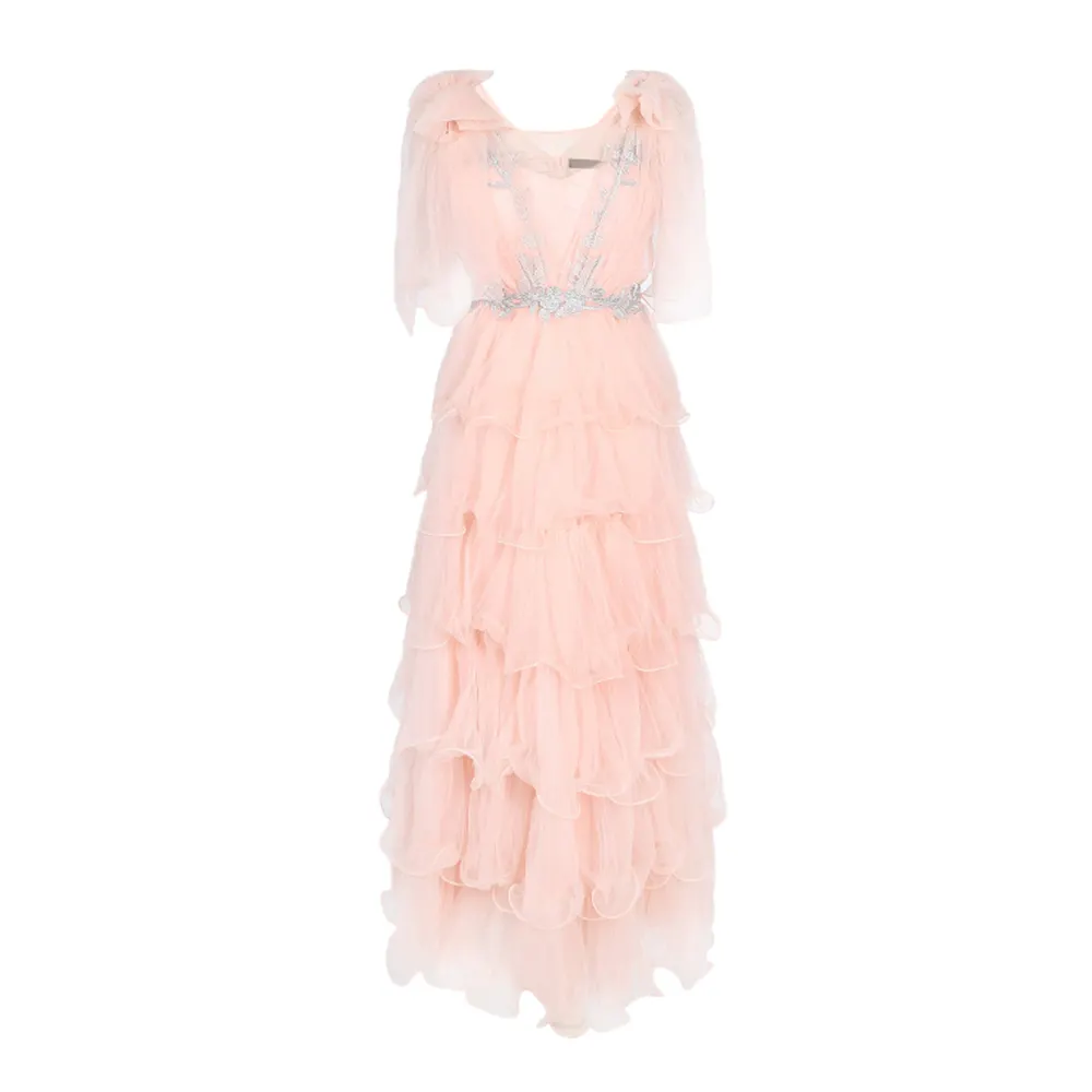 Vestido de festa feminino, elegante, estiloso, rosa rosado, de alta qualidade, personalizado, em camadas, plissado, longo, com bordado