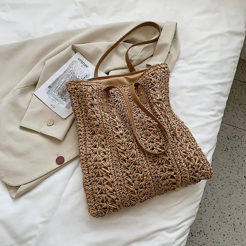 Summer large capacity fabric bag women's shoulder strap woven bag leisure handcrafted holiday beach straw woven bag