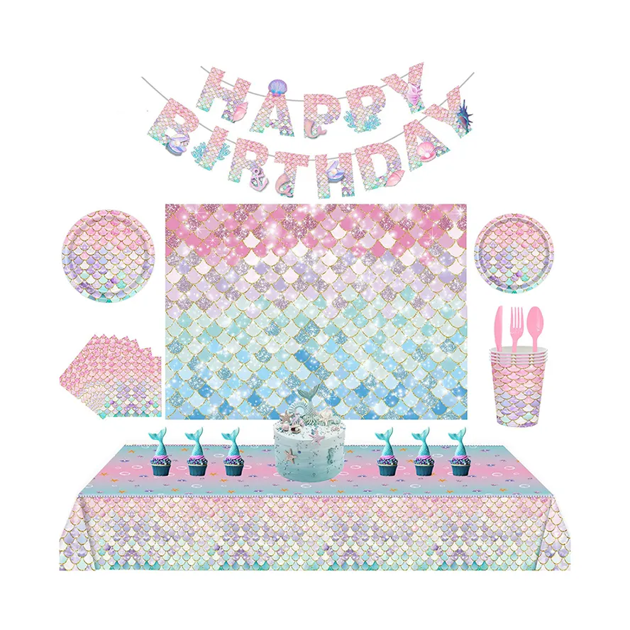 Decorazione per festa di compleanno a sirena per bambini piatti di carta usa e getta Set da tavola per feste con striscione tovaglia sirenetta
