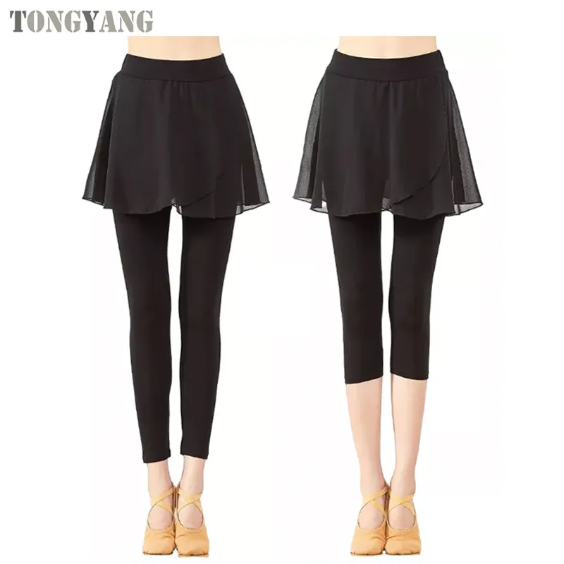 Tongyang calças de dança modernas, balé de chiffon com saia curta, prática latina, dança, tornozelo elástico, cintura grande