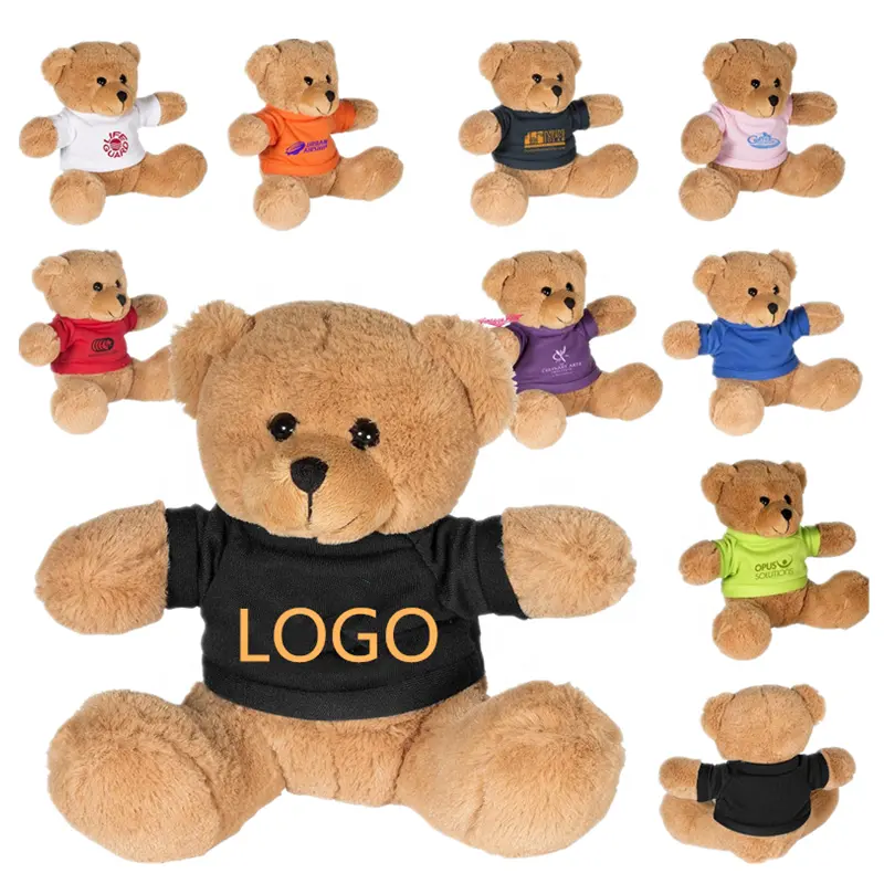 Contoh gratis kaus beruang teddy berbulu logo dibuat sesuai pesanan khusus hewan boneka lembut lembut dengan T shirt