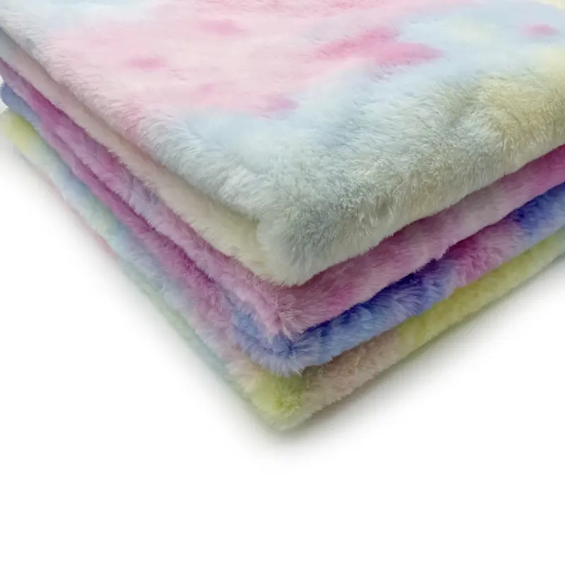 Özel renk % 100% Polyester, örgü sentetik gökkuşağı kravat boyama peluş mont kanepe kılıfı Faux tavşan kürk kumaş/