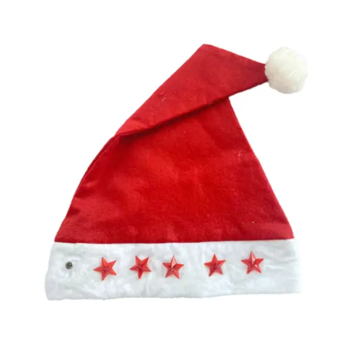 Dengan lampu berkedip bintang berujung lima topi Santa dan topi Santa dan dihiasi bercahaya topi Santa
