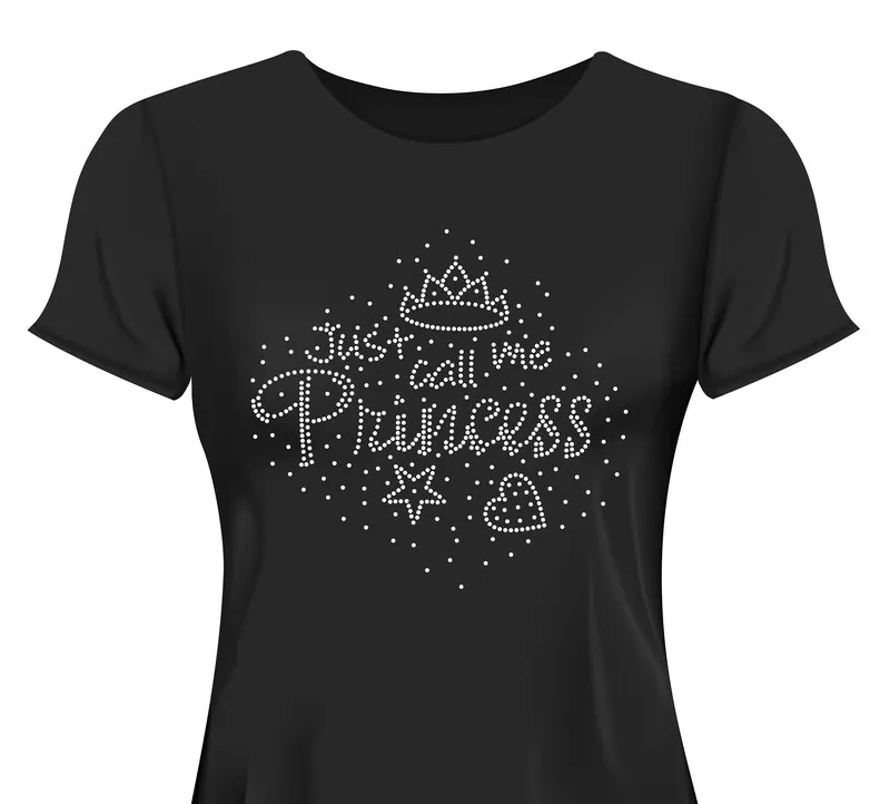 Cuento de hadas muestra gratis Hot Fix rhinestone hierro en camiseta diamante princesa letras transferencias