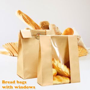 Temizle pencere ile Kraft Sourdough ekmek torbaları, fırında gıda ambalaj depolama, sızdırmazlık çıkartmaları ile ekmek torbaları