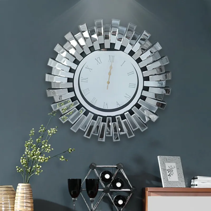 2023 nouveau design horloge miroir WXMC-084 flexion verre argent décoration murale 3D horloge ronde miroir décor à la maison pour salon